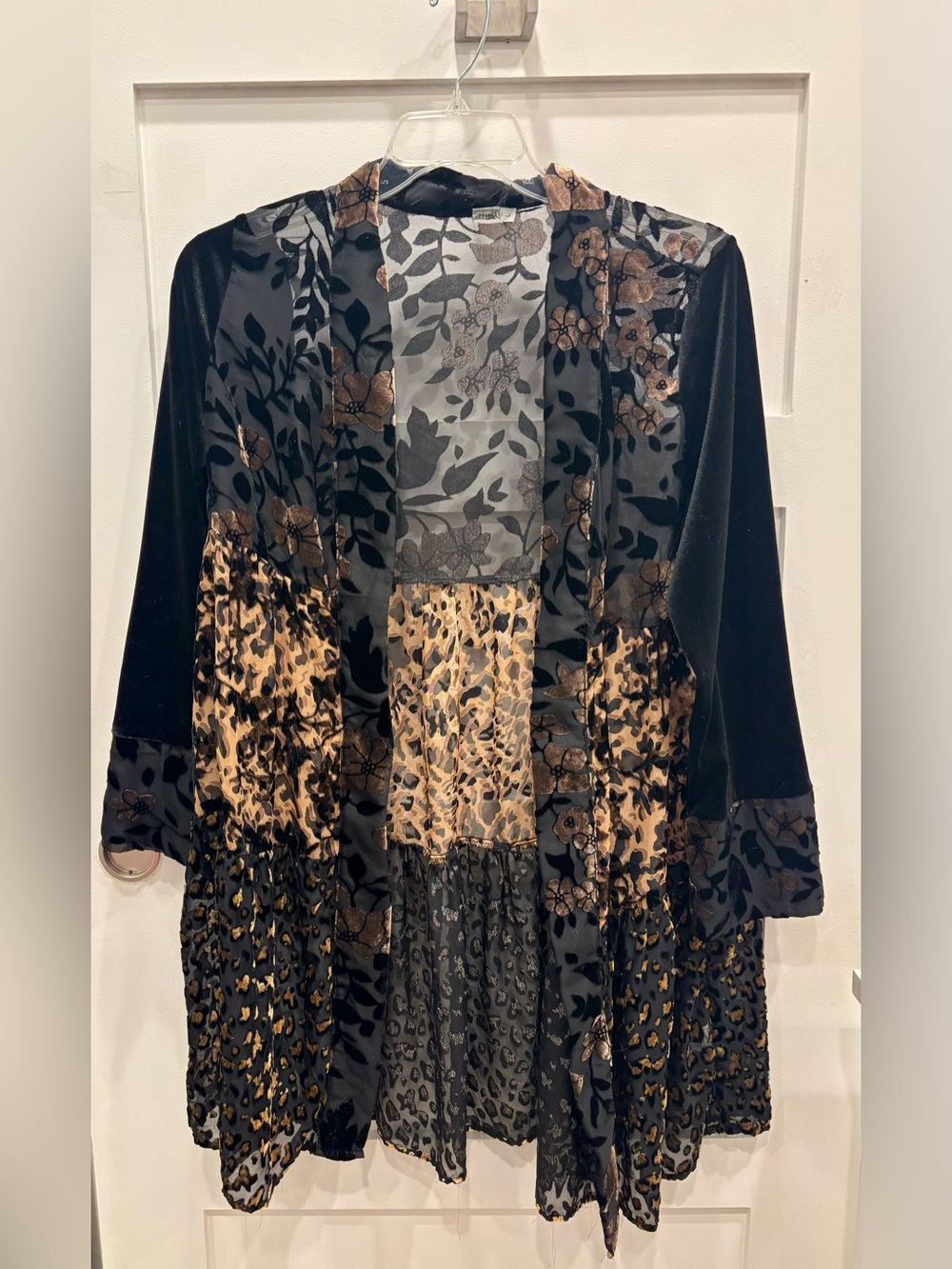 Black & Brown Floral Leopard Velvet Burnout Whimsigoth Tiered Duster Jacket